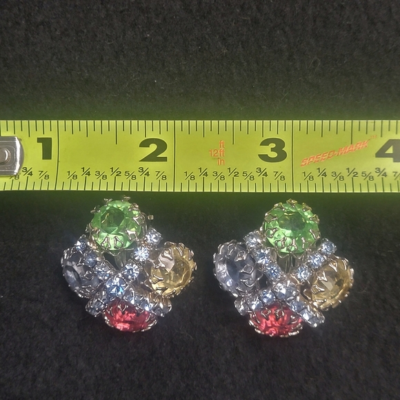 Vtg Multicolor Rhinestones Silver Tone Clip On Earrings By Gale - Picture 5 of 8